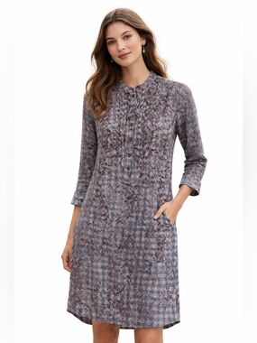 Peruvian Connection Plaid Print Shirtdress Size 6 Boho Midi Tunic Dress Pockets